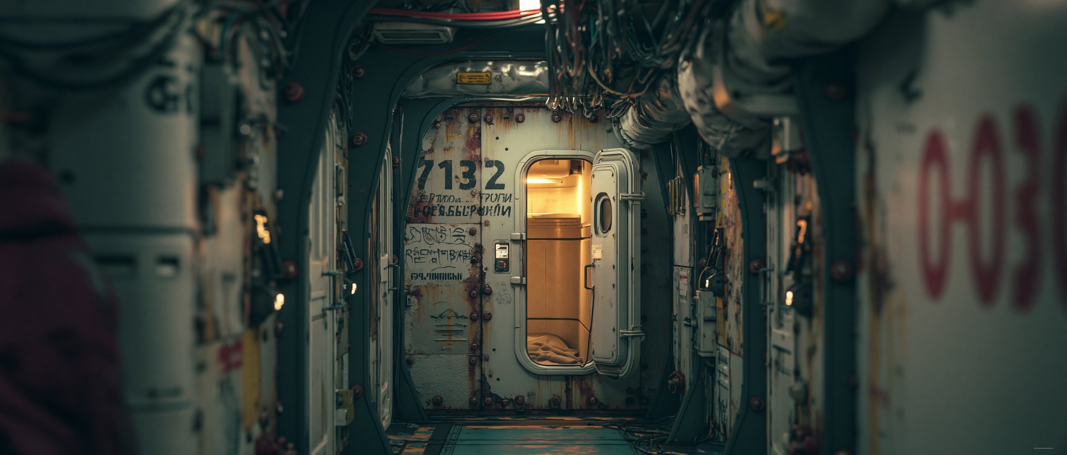 A berth corridor aboard the Julnara, a lit cabin hatch standing open