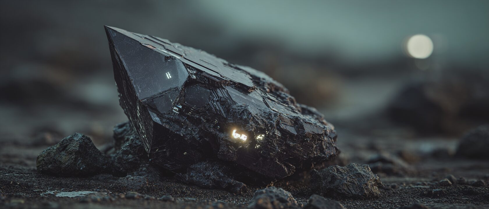 Raw blacksalt: black crystal with cold light banked in its fractures
