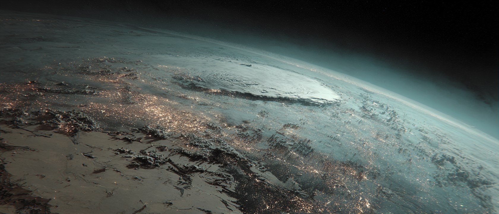 Cythera seen from orbit, a colonised world under construction, an ice-storm eye turning over the day side and city-light webs across the dark