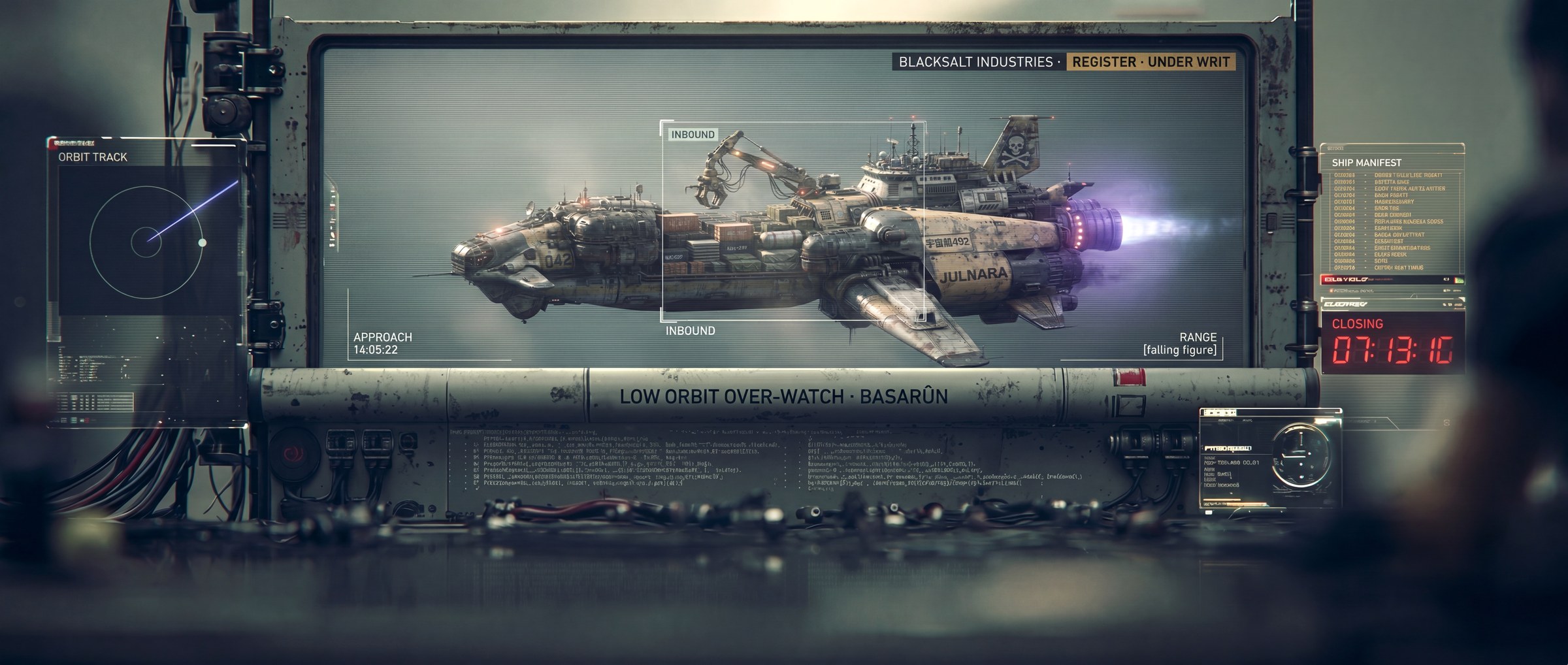 An orbital over-watch console tracking the inbound Julnara, her violet plasma trailing, over Basarûn