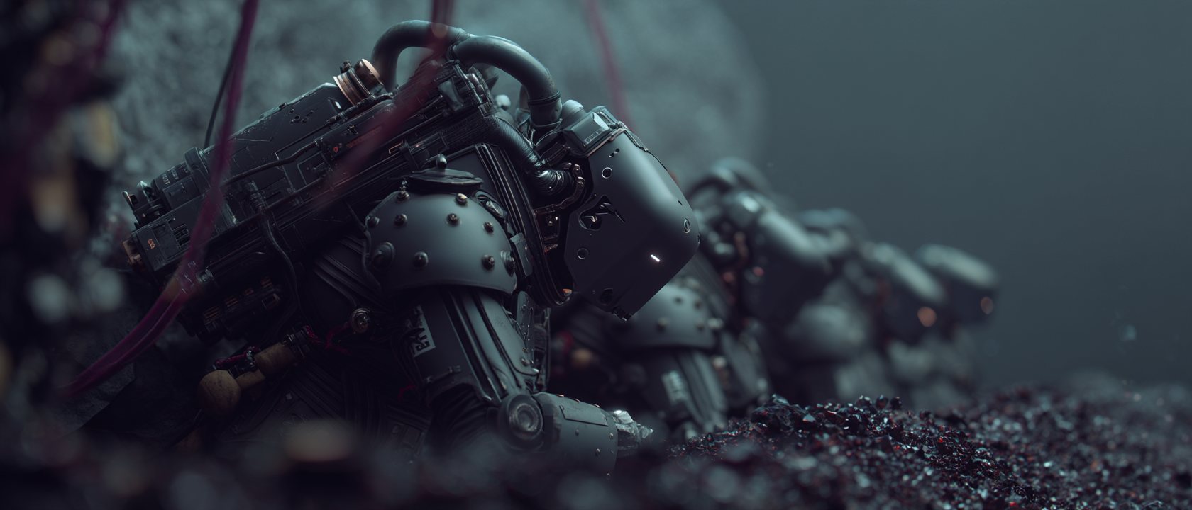 Dark mining machinery resting on a seam of black ore.