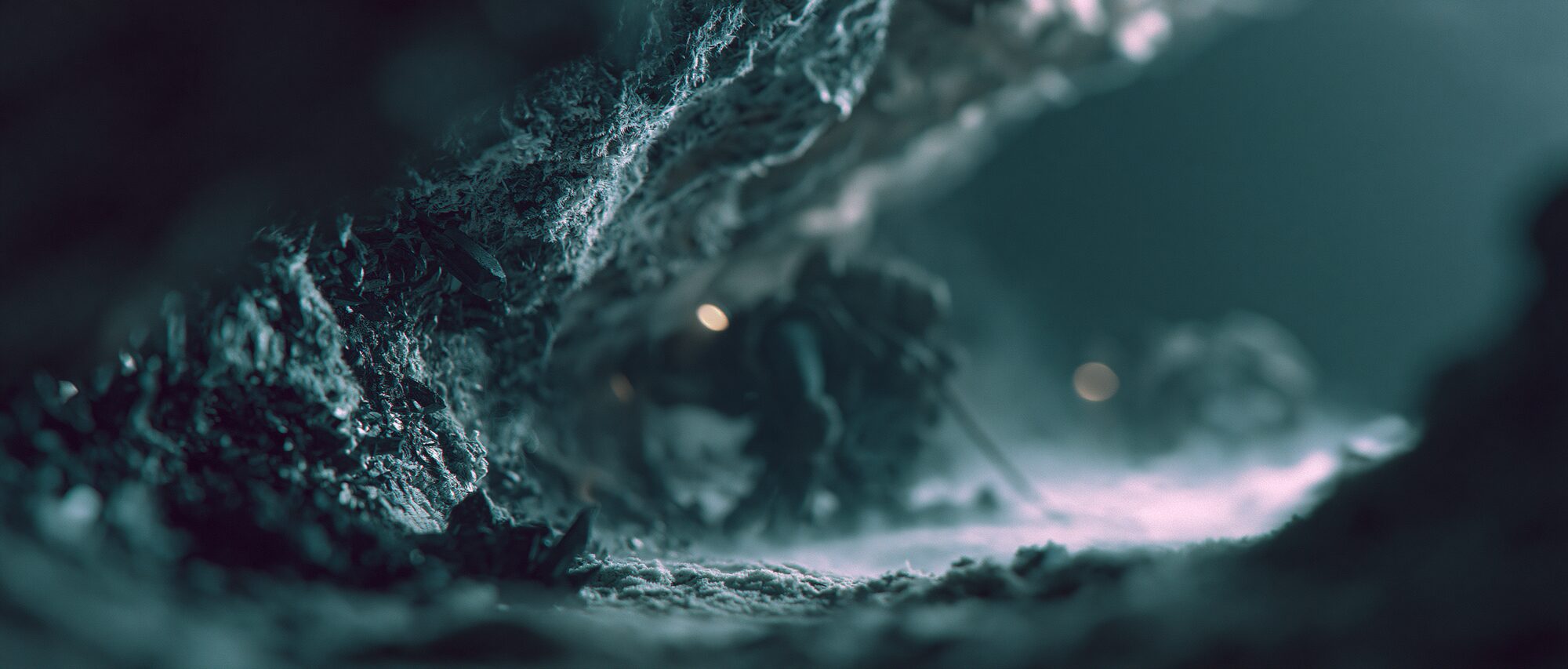 A crew working a cold seam deep underground, a faint violet glow in the crystal