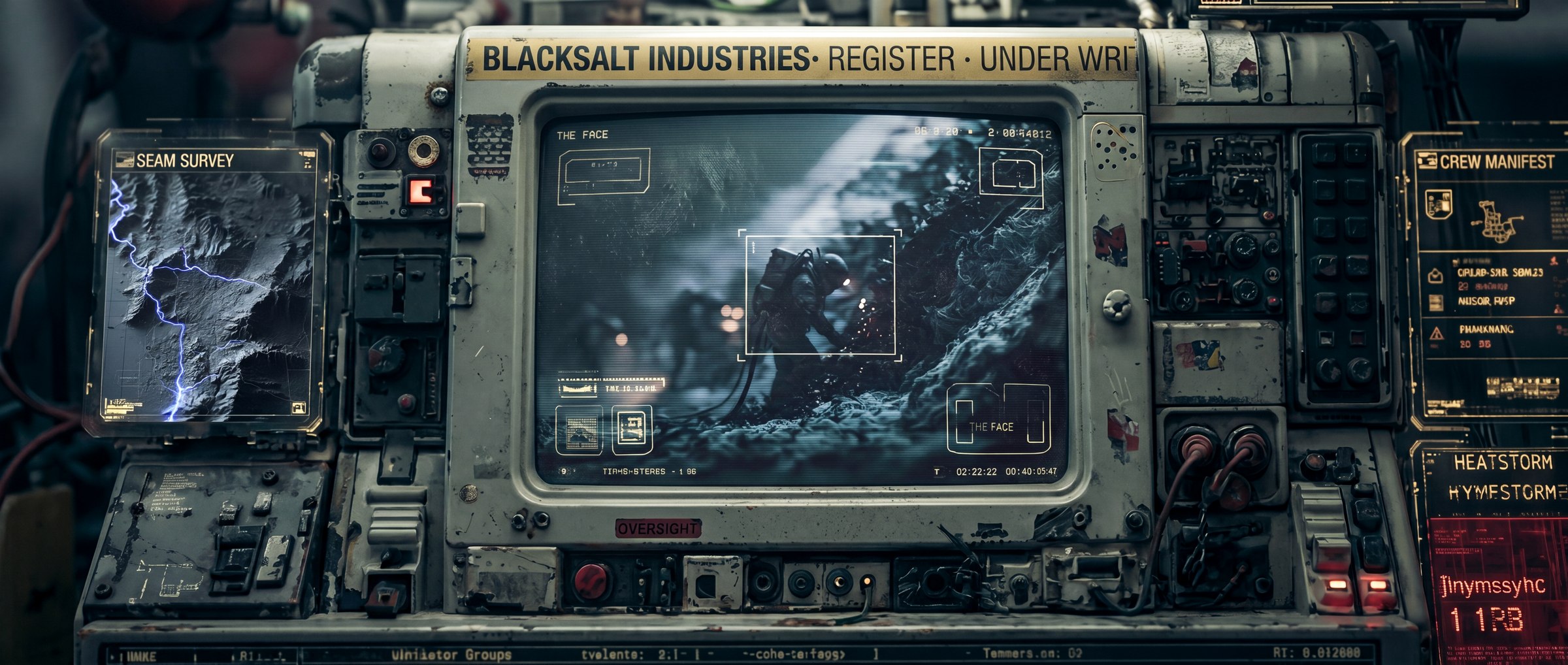 A Blacksalt Industries oversight console watching the killing face: the live feed of a miner working the seam, a violet seam-survey map at its side