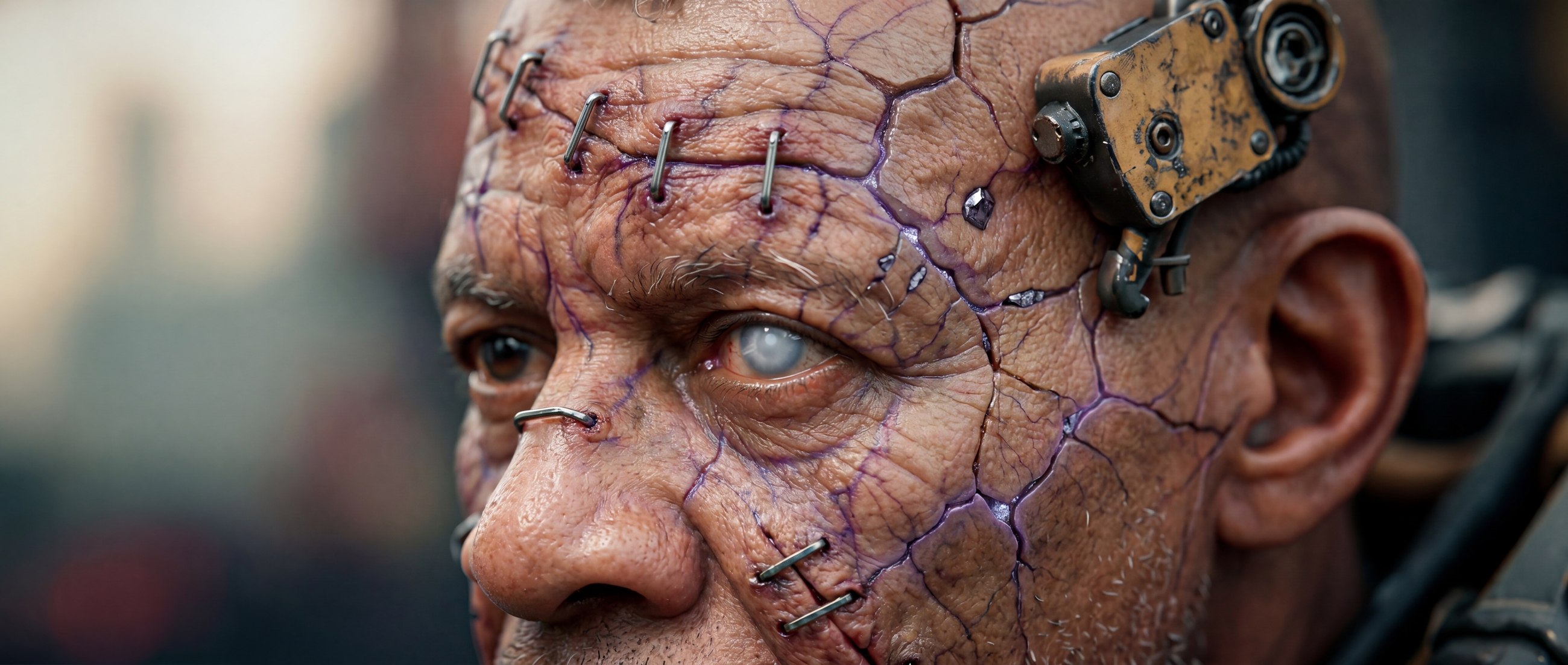 A miner's face consumed by the rime, skin cracked and seamed with cold crystal, eyes clouded white