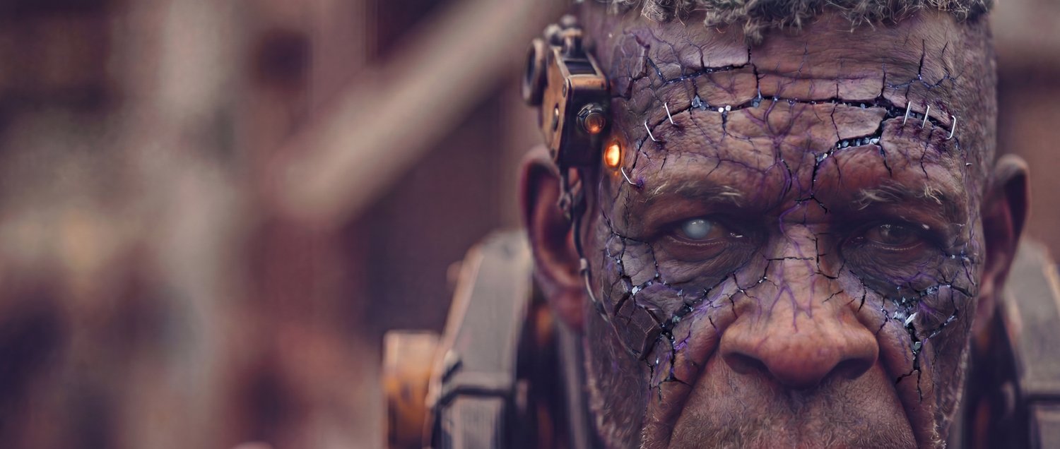 A veteran far gone with the rime, cracked and stapled, both eyes clouded